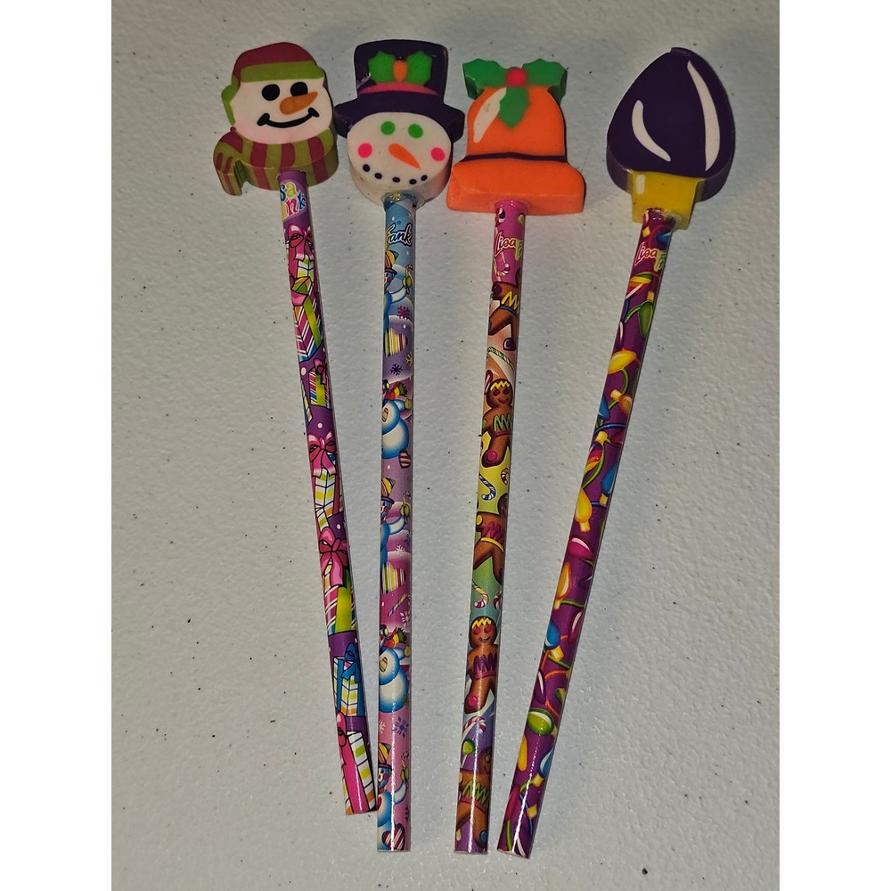 Lisa Frank Set Of 4 Christmas Pencils & Erasers Snowman Bell Bulb